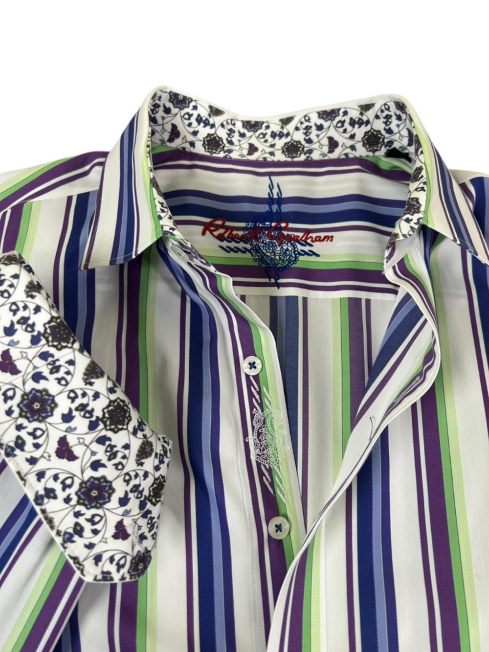ROBERT GRAHAM Striped Button Down Shirt Floral Flip Cuff Purple White Blue L